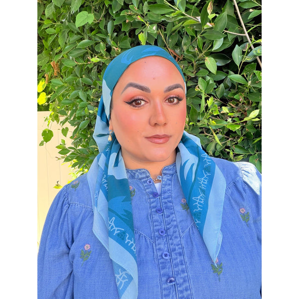 Petal Pop Print Square Tichel - Teal/Blue-square-The Little Tichel Lady