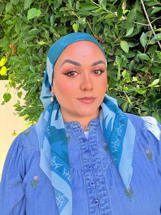 Petal Pop Print Square Tichel - Teal/Blue-square-The Little Tichel Lady