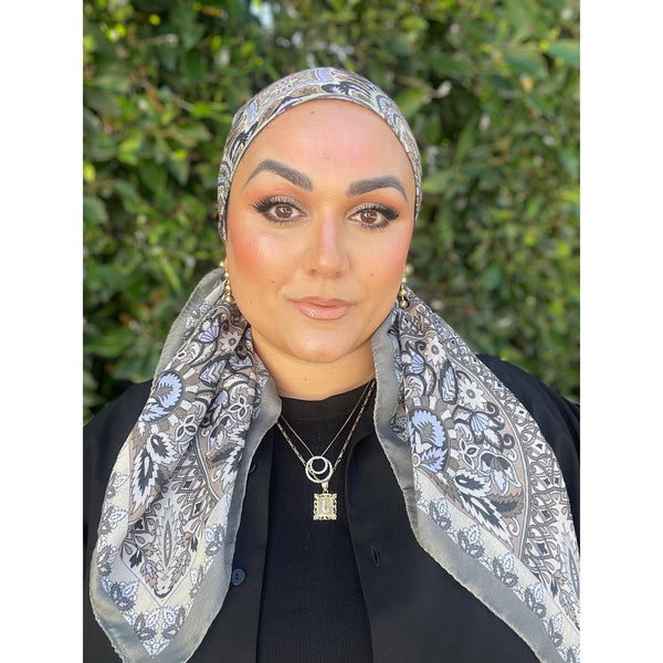 Paisley Print Square Tichel - Neutral/Sage