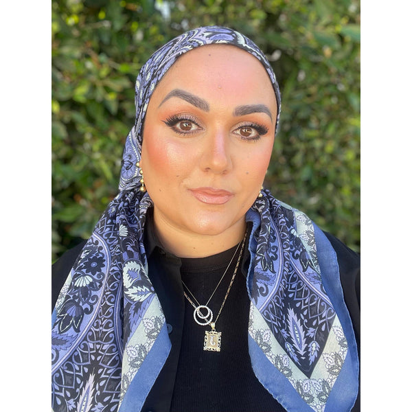 Paisley Print Square Tichel - Periwinkle/Black