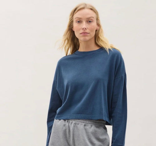Relaxed Cropped Cotton T-Shirt - Navy-Tops-The Little Tichel Lady