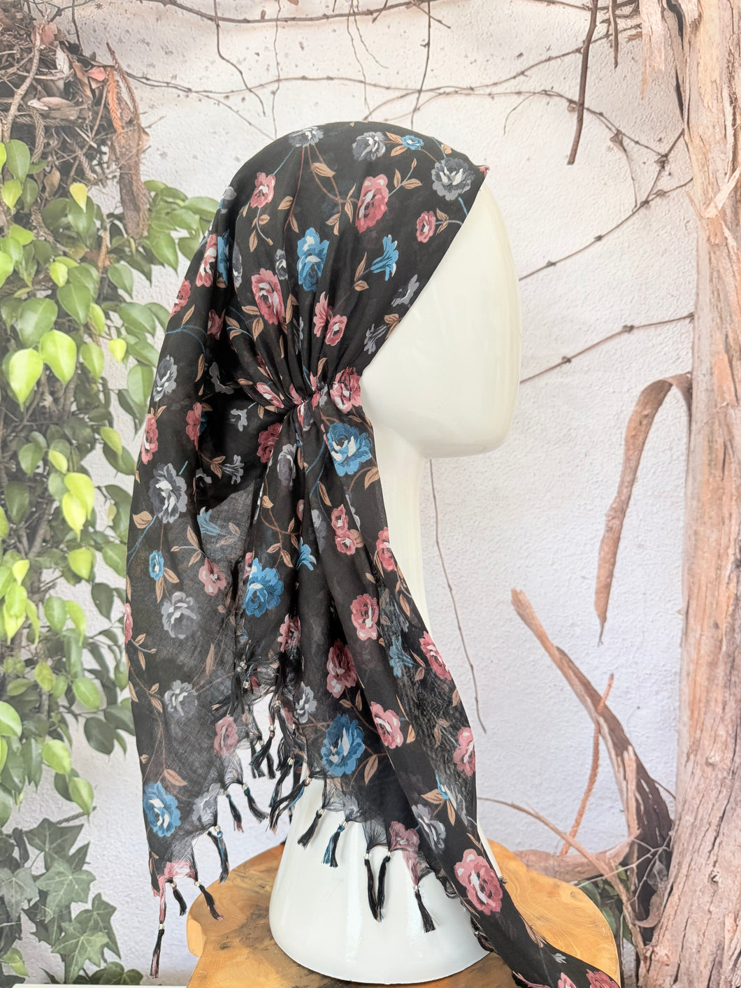 Open-Closed Back NON-SLIP Adjustable Pretied, w/ Tassel Details - Black/Blue-Pretieds-The Little Tichel Lady