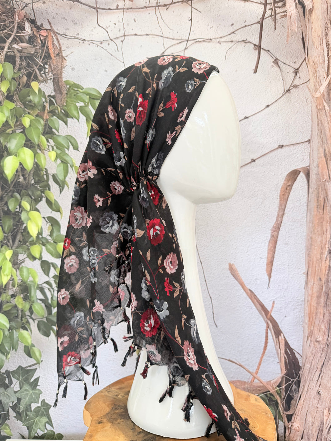 Open-Closed Back NON-SLIP Adjustable Pretied, w/ Tassel Details - Black/Pink-Pretieds-The Little Tichel Lady
