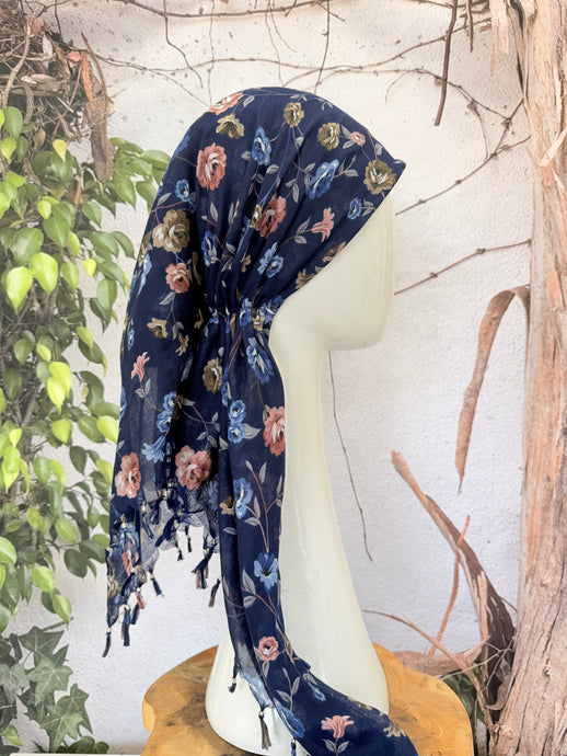 Open-Closed Back NON-SLIP Adjustable Pretied, w/ Tassel Details - Navy/Pink-Pretieds-The Little Tichel Lady