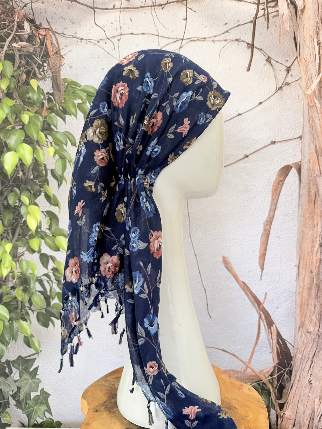 Open-Closed Back NON-SLIP Adjustable Pretied, w/ Tassel Details - Navy/Pink-Pretieds-The Little Tichel Lady
