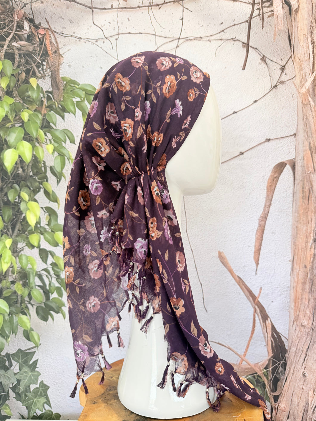 Open-Closed Back NON-SLIP Adjustable Pretied, w/ Tassel Details - Eggplant/Neutral-Pretieds-The Little Tichel Lady