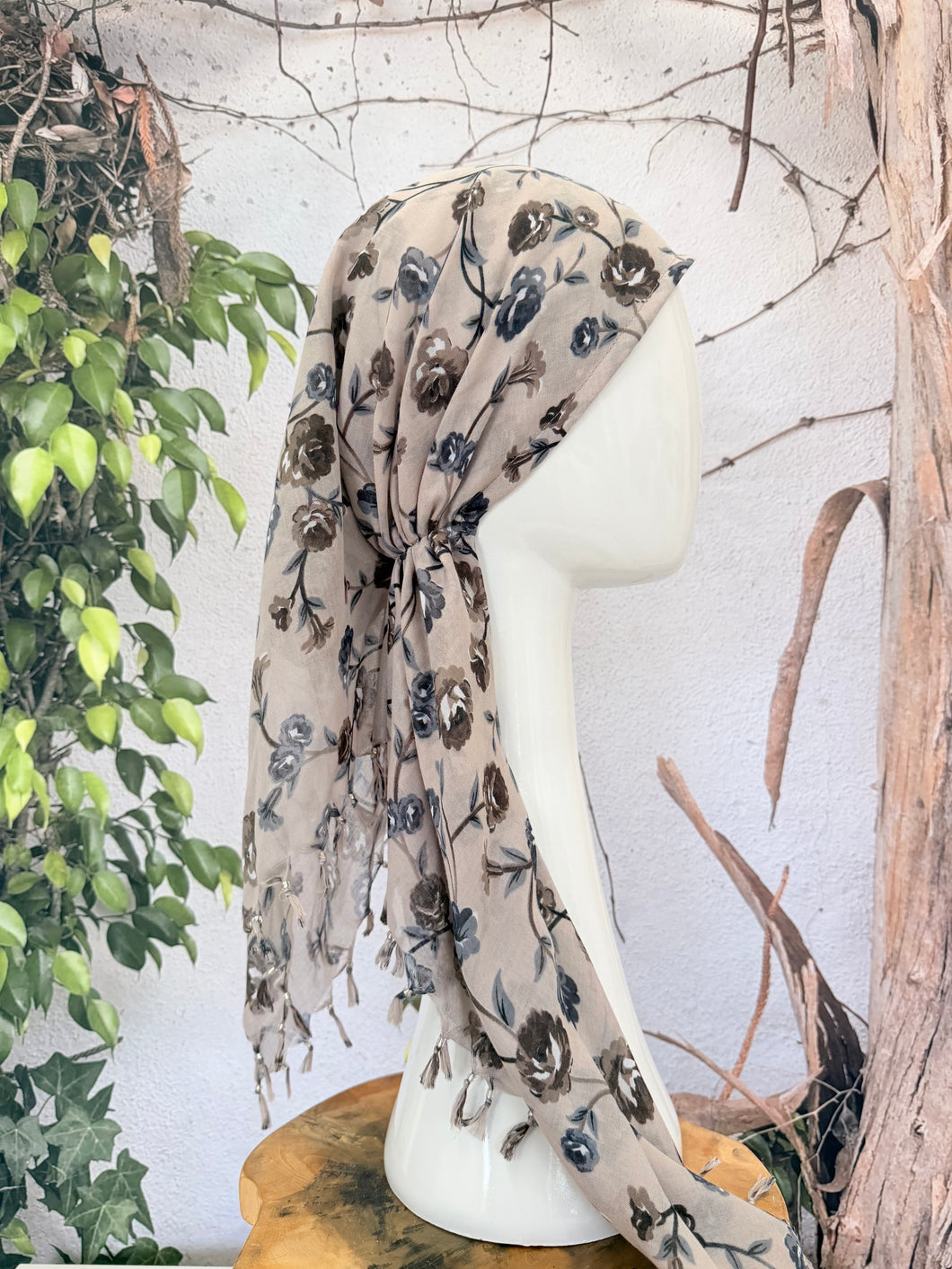 Open-Closed Back NON-SLIP Adjustable Pretied, w/ Tassel Details - Beige/Taupe-Pretieds-The Little Tichel Lady