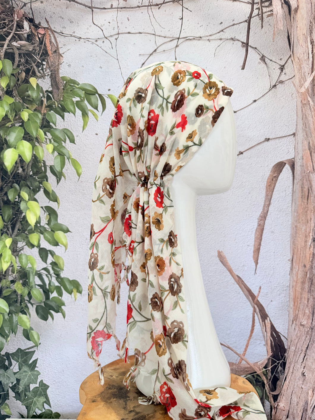Open-Closed Back NON-SLIP Adjustable Pretied, w/ Tassel Details - Cream/Multi-Pretieds-The Little Tichel Lady