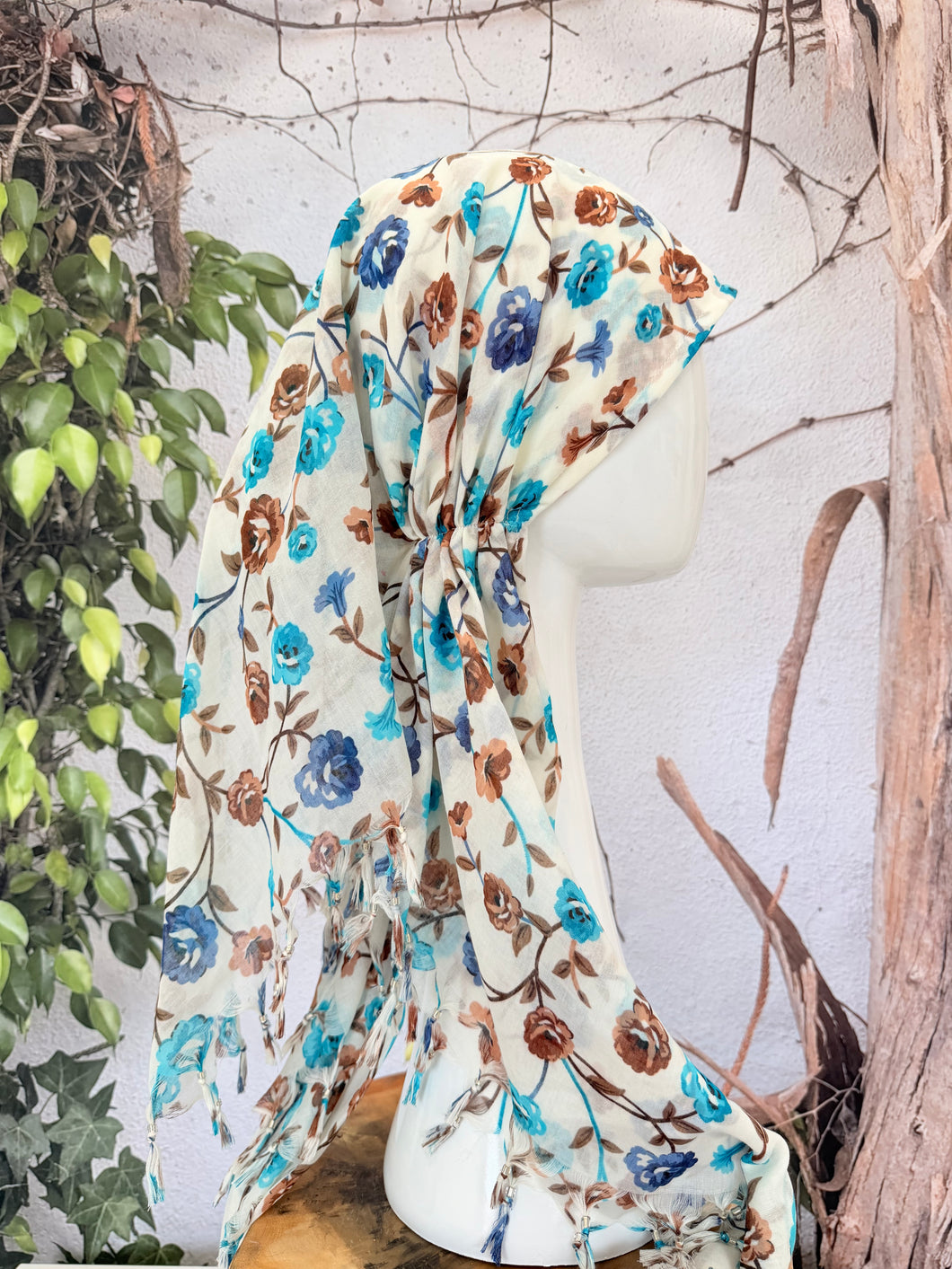 Open-Closed Back NON-SLIP Adjustable Pretied, w/ Tassel Details - White/Blue-Pretieds-The Little Tichel Lady