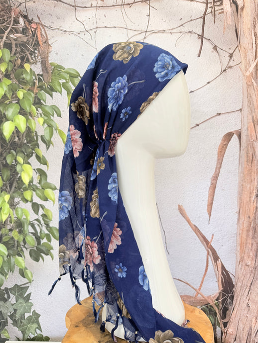 Open-Closed Back NON-SLIP Adjustable Pretied, w/ Tassel Details - Navy/Blue-Pretieds-The Little Tichel Lady