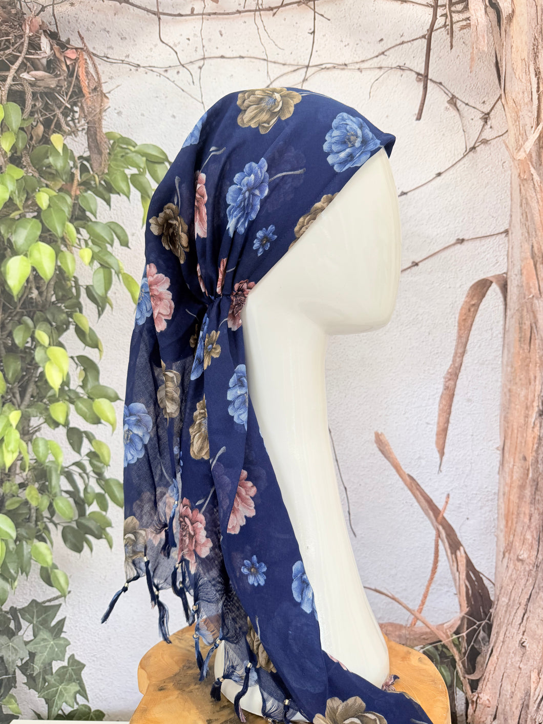 Open-Closed Back NON-SLIP Adjustable Pretied, w/ Tassel Details - Navy/Blue-Pretieds-The Little Tichel Lady