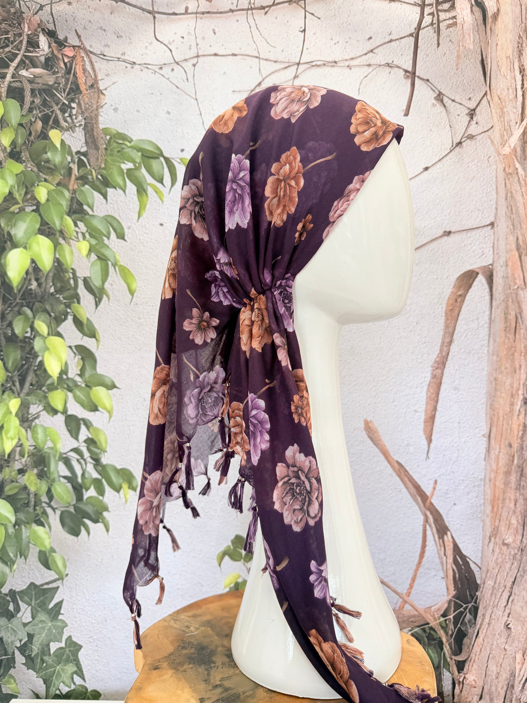Open-Closed Back NON-SLIP Adjustable Pretied, w/ Tassel Details - Eggplant/Neutral-Pretieds-The Little Tichel Lady
