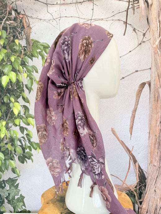 Open-Closed Back NON-SLIP Adjustable Pretied, w/ Tassel Details - Dusty Purple/Neutral-Pretieds-The Little Tichel Lady