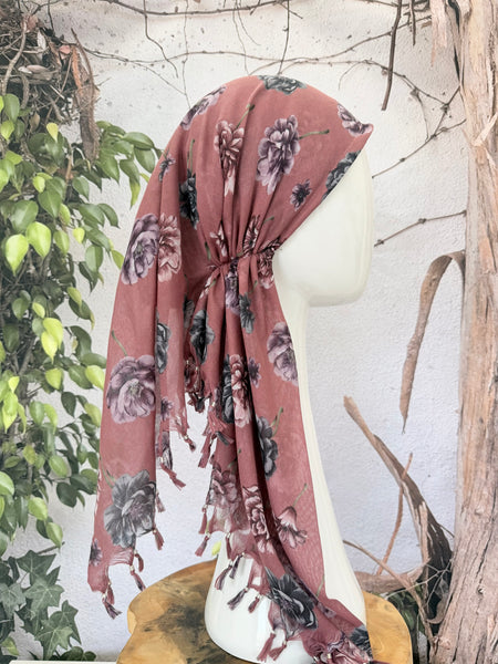 Open-Closed Back NON-SLIP Adjustable Pretied, w/ Tassel Details - Mauve/Dusty Purple-Pretieds-The Little Tichel Lady
