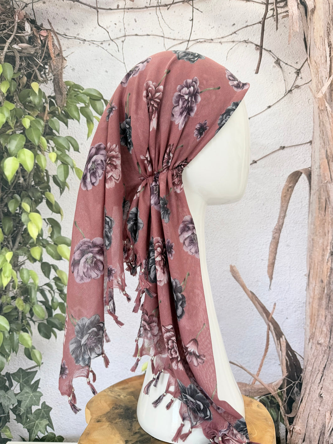 Open-Closed Back NON-SLIP Adjustable Pretied, w/ Tassel Details - Mauve/Dusty Purple-Pretieds-The Little Tichel Lady