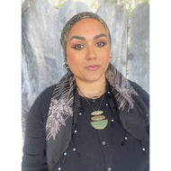 Rustic Leaf Print, Beaded + Tassel Detail Square Tichel, Black/Neutral-Squares-The Little Tichel Lady