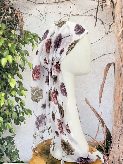 Open-Closed Back NON-SLIP Adjustable Pretied, w/ Tassel Details - White/Purple-Pretieds-The Little Tichel Lady