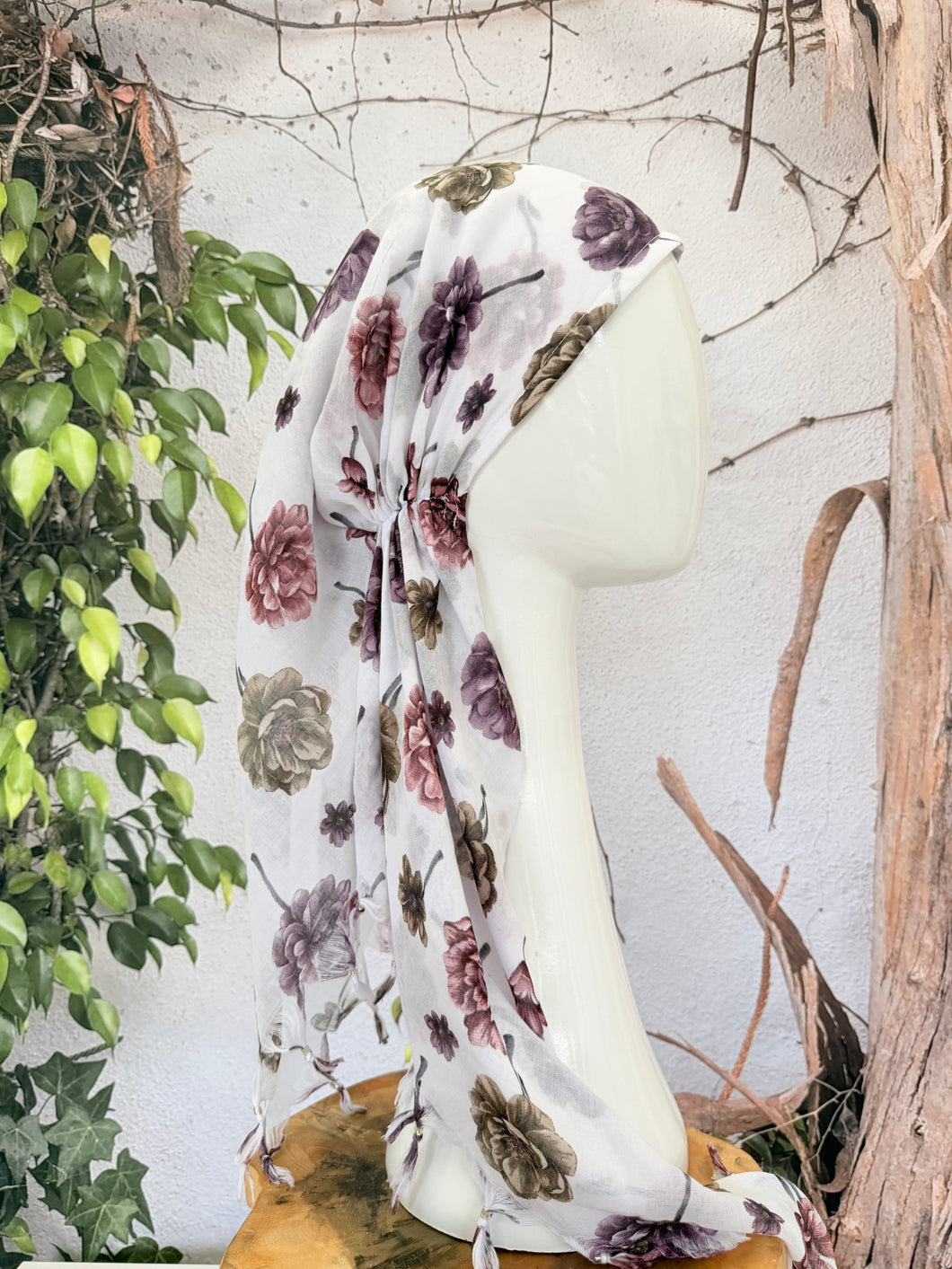 Open-Closed Back NON-SLIP Adjustable Pretied, w/ Tassel Details - White/Purple-Pretieds-The Little Tichel Lady