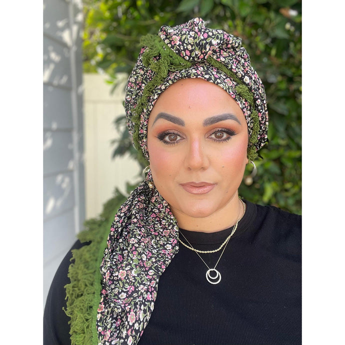 Israeli Tassel Embroidered Very Large Square - Olive Floral-Squares-The Little Tichel Lady