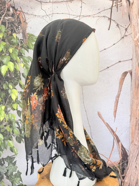 Open-Closed Back NON-SLIP Adjustable Pretied, w/ Tassel Details - Black/Multi-Pretieds-The Little Tichel Lady