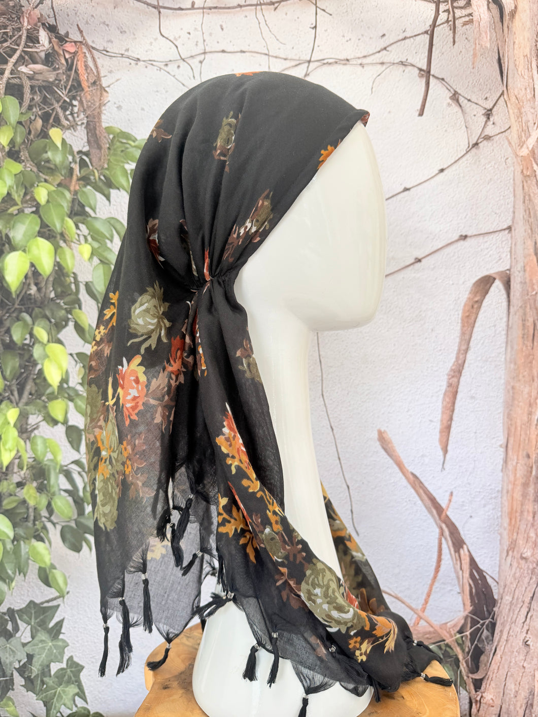 Open-Closed Back NON-SLIP Adjustable Pretied, w/ Tassel Details - Black/Multi-Pretieds-The Little Tichel Lady