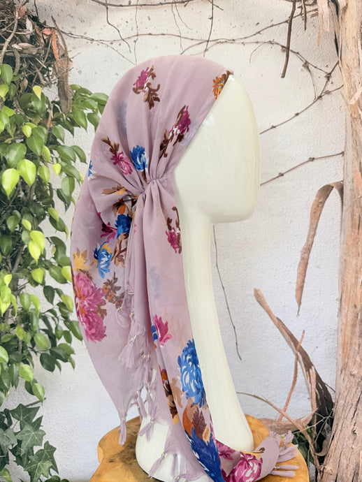 Open-Closed Back NON-SLIP Adjustable Pretied, w/ Tassel Details - Lavender/Multi-Pretieds-The Little Tichel Lady