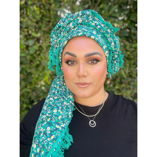 Israeli Tassel Embroidered Very Large Square - Teal Floral-Squares-The Little Tichel Lady