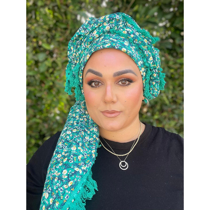 Israeli Tassel Embroidered Very Large Square - Teal Floral-Squares-The Little Tichel Lady