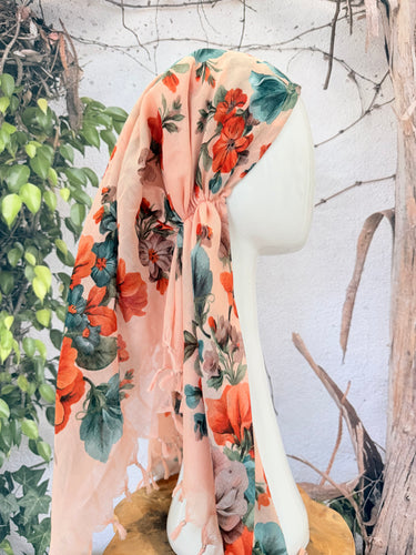 Open-Closed Back NON-SLIP Adjustable Pretied, w/ Tassel Details - Peach/Multi-Pretieds-The Little Tichel Lady