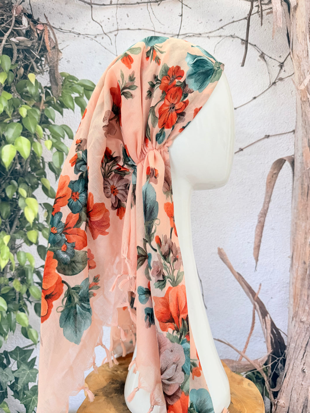 Open-Closed Back NON-SLIP Adjustable Pretied, w/ Tassel Details - Peach/Multi-Pretieds-The Little Tichel Lady
