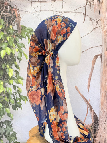 Open-Closed Back NON-SLIP Adjustable Pretied, w/ Tassel Details - Navy/Multi-Pretieds-The Little Tichel Lady