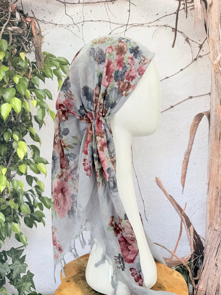 Open-Closed Back NON-SLIP Adjustable Pretied, w/ Tassel Details - Gray/Multi-Pretieds-The Little Tichel Lady