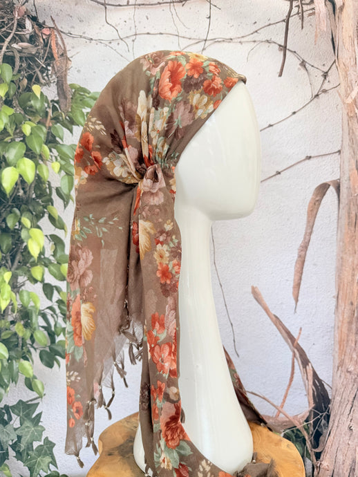 Open-Closed Back NON-SLIP Adjustable Pretied, w/ Tassel Details - Medium Brown/Multi-Pretieds-The Little Tichel Lady