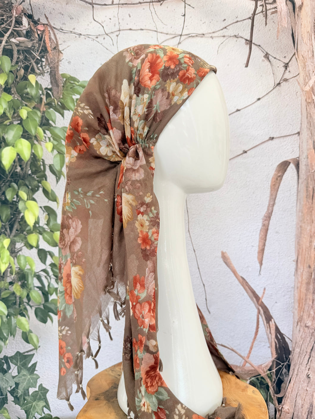Open-Closed Back NON-SLIP Adjustable Pretied, w/ Tassel Details - Medium Brown/Multi-Pretieds-The Little Tichel Lady