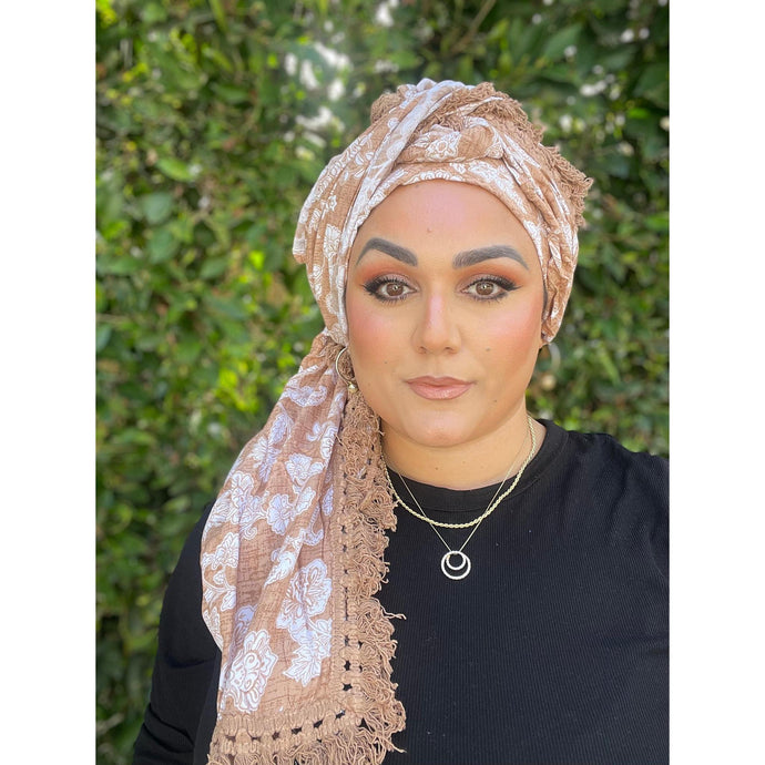 Israeli Tassel Embroidered Very Large Square - Neutral Floral-Squares-The Little Tichel Lady