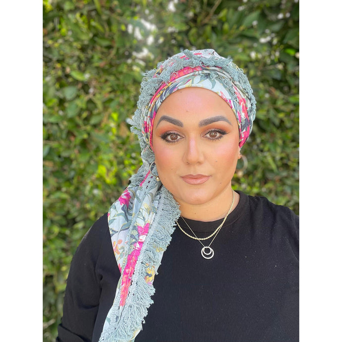 Israeli Tassel Embroidered Very Large Square - Sky Blue Floral-Squares-The Little Tichel Lady