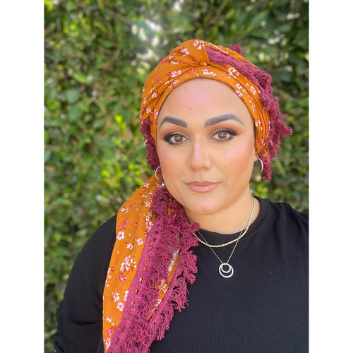 Israeli Tassel Embroidered Very Large Square - Saffron Floral-Squares-The Little Tichel Lady