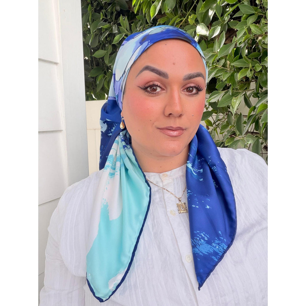 Breeze Blooms Satin Print Square Headscarf - Blue-square-The Little Tichel Lady