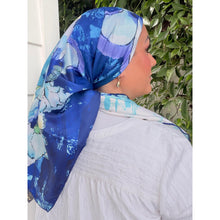 Breeze Blooms Satin Print Square Headscarf - Blue-square-The Little Tichel Lady