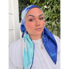 Breeze Blooms Satin Print Square Headscarf - Blue-square-The Little Tichel Lady