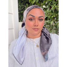 Breeze Blooms Satin Print Square Headscarf - Gray/Taupe-square-The Little Tichel Lady