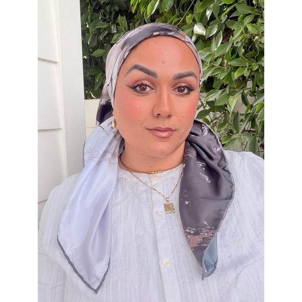 Breeze Blooms Satin Print Square Headscarf - Gray/Taupe-square-The Little Tichel Lady