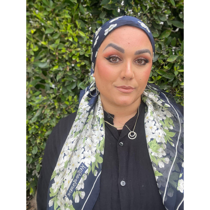 YSL Authentic Designer Headscarf, Navy Floral-Designer headscarf-The Little Tichel Lady