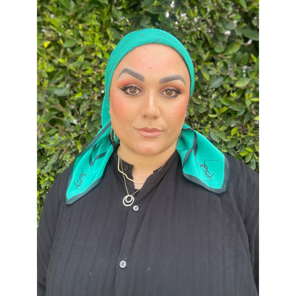 YSL Authentic Vintage Designer Headscarf, Emerald Monogram-Designer headscarf-The Little Tichel Lady