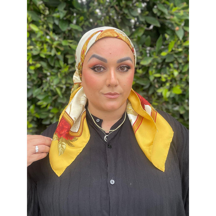 Ferragamo Authentic Vintage Designer Headscarf, Flowers & Drawings-Designer headscarf-The Little Tichel Lady