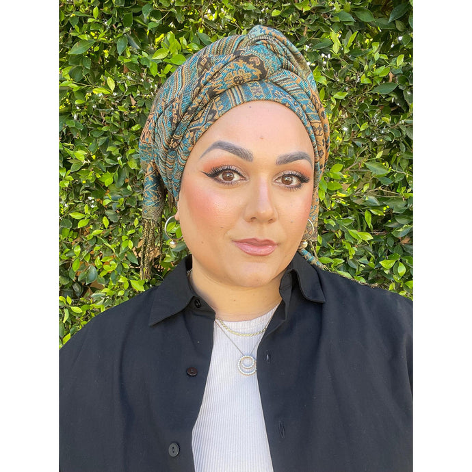 Israeli Pashmina Print Headwrap - Turquoise-Long Wrap-The Little Tichel Lady