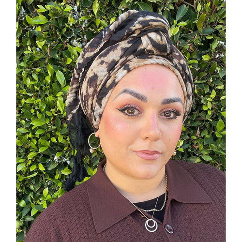 Cozy Israeli Print Headwrap + Tassel Details - Neutral Print-Long Wrap-The Little Tichel Lady