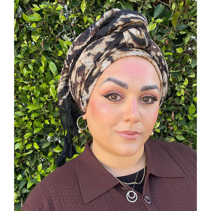 Cozy Israeli Print Headwrap + Tassel Details - Neutral Print-Long Wrap-The Little Tichel Lady