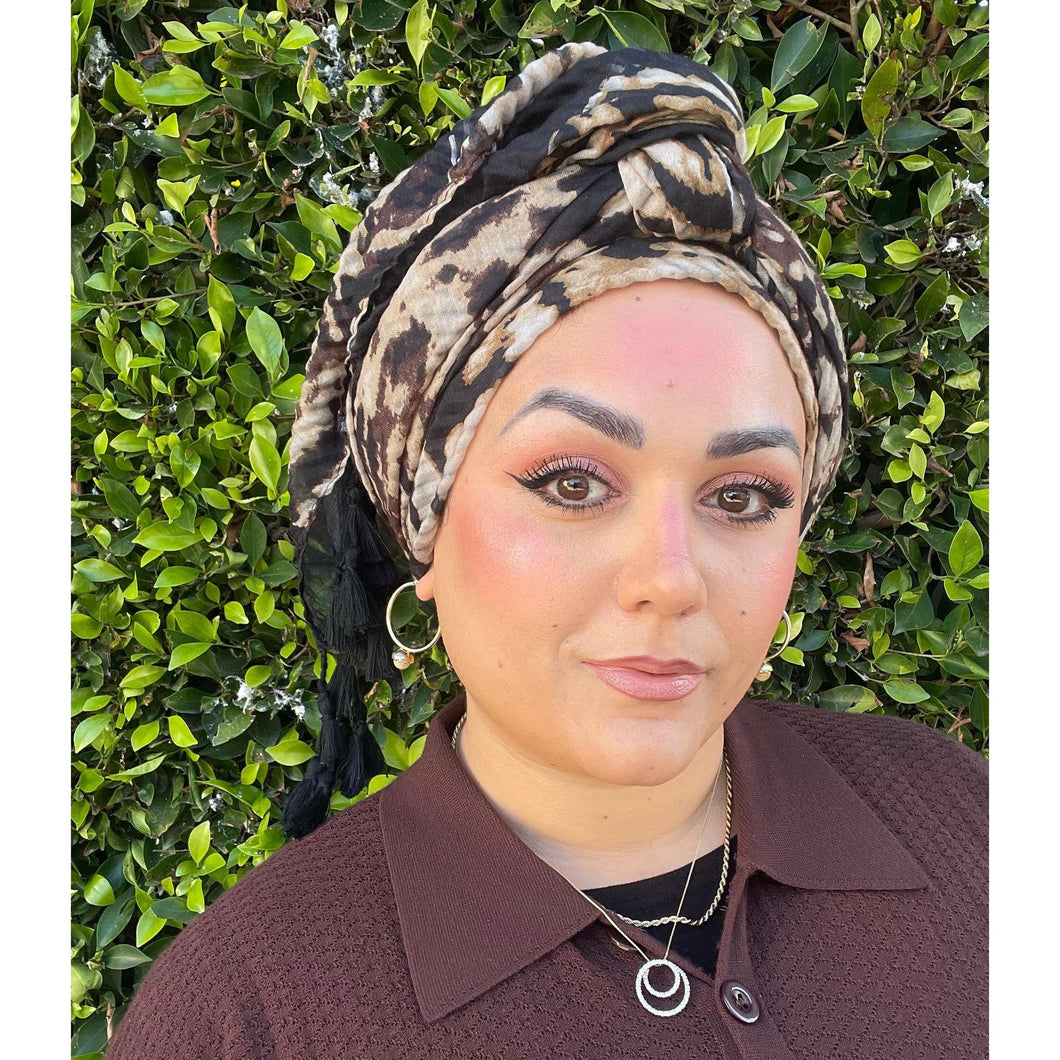 Cozy Israeli Print Headwrap + Tassel Details - Neutral Print-Long Wrap-The Little Tichel Lady