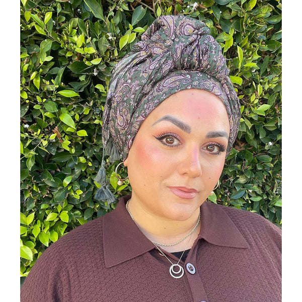 Cozy Israeli Print Headwrap + Tassel Details - Olive Paisley